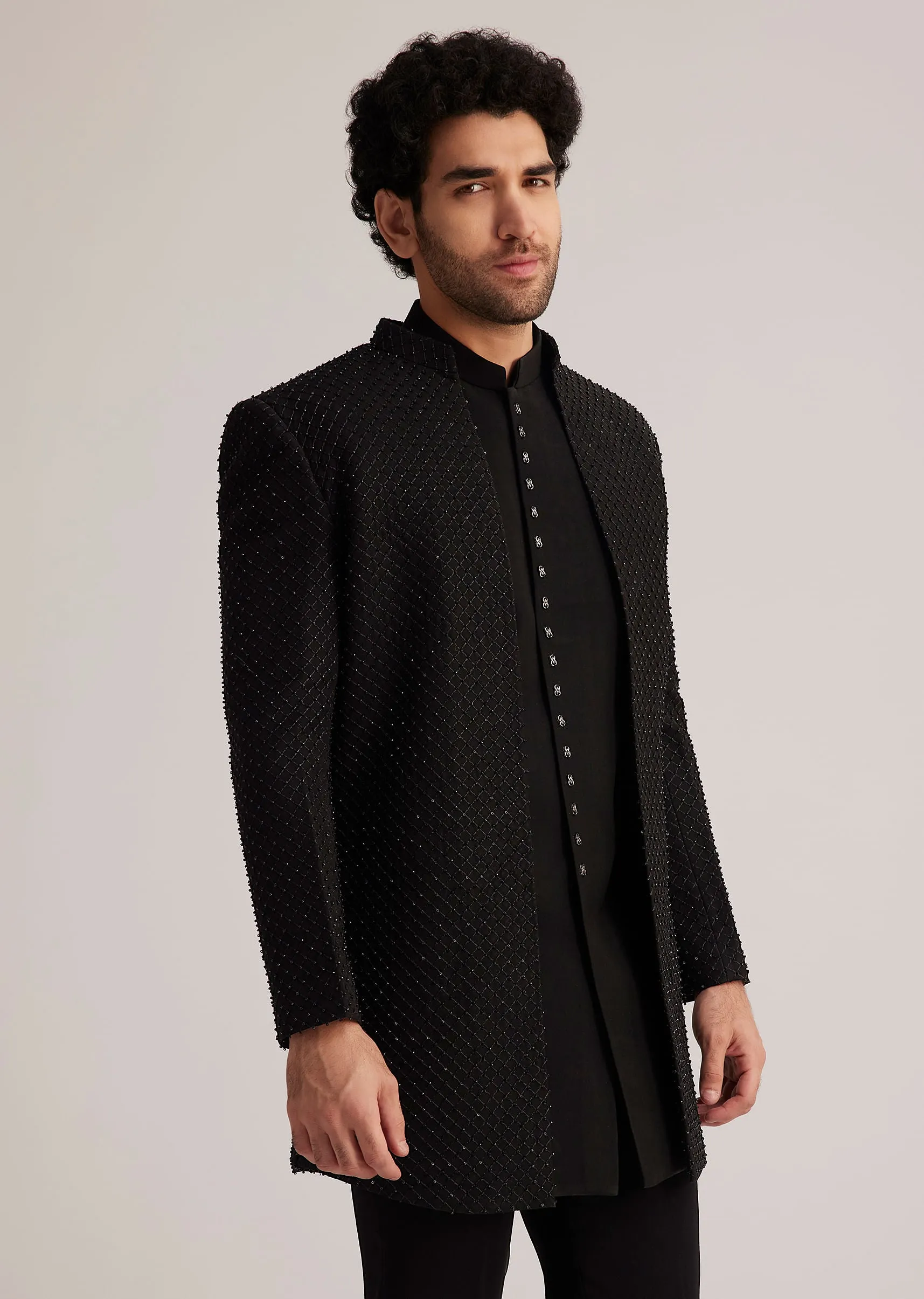 Black Open Jacket Set With Bead Embroidery