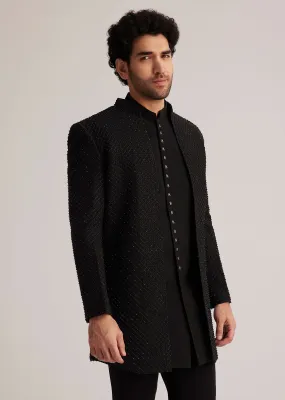 Black Open Jacket Set With Bead Embroidery