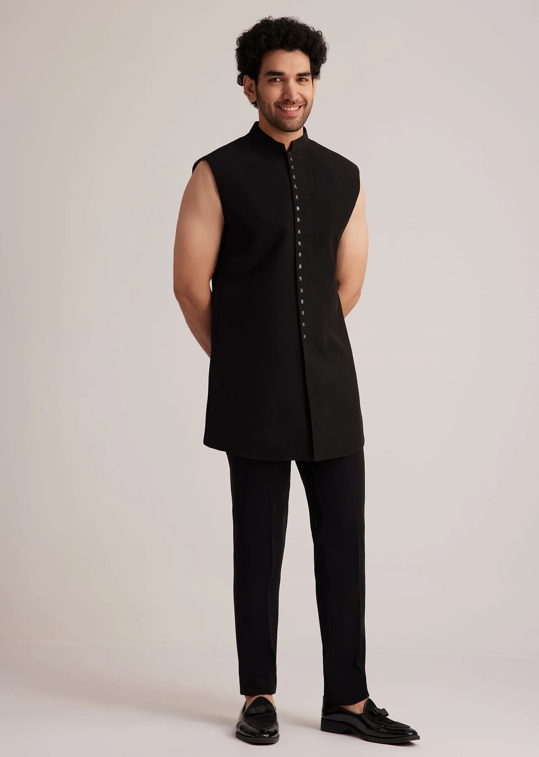 Black Open Jacket Set With Bead Embroidery
