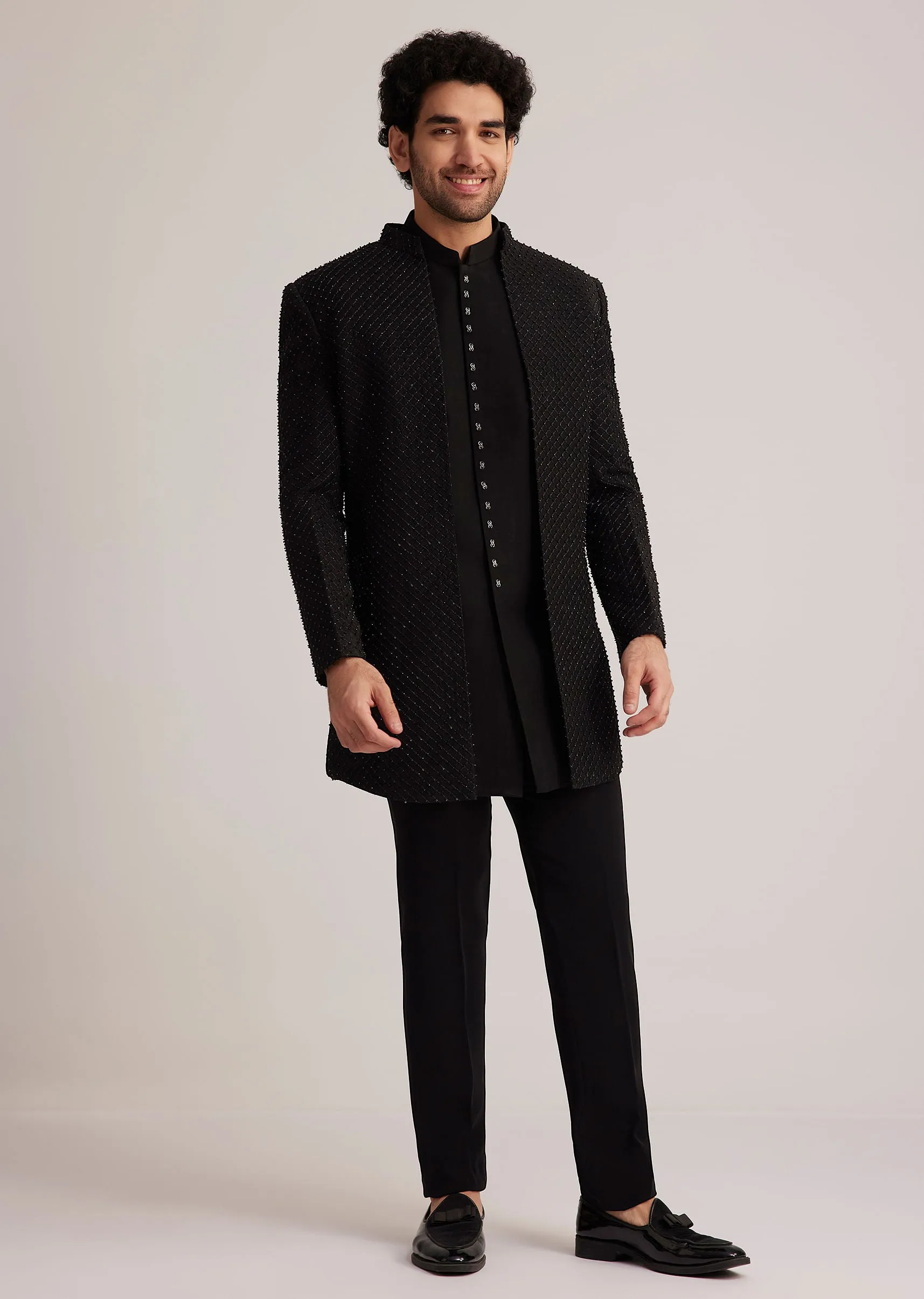 Black Open Jacket Set With Bead Embroidery