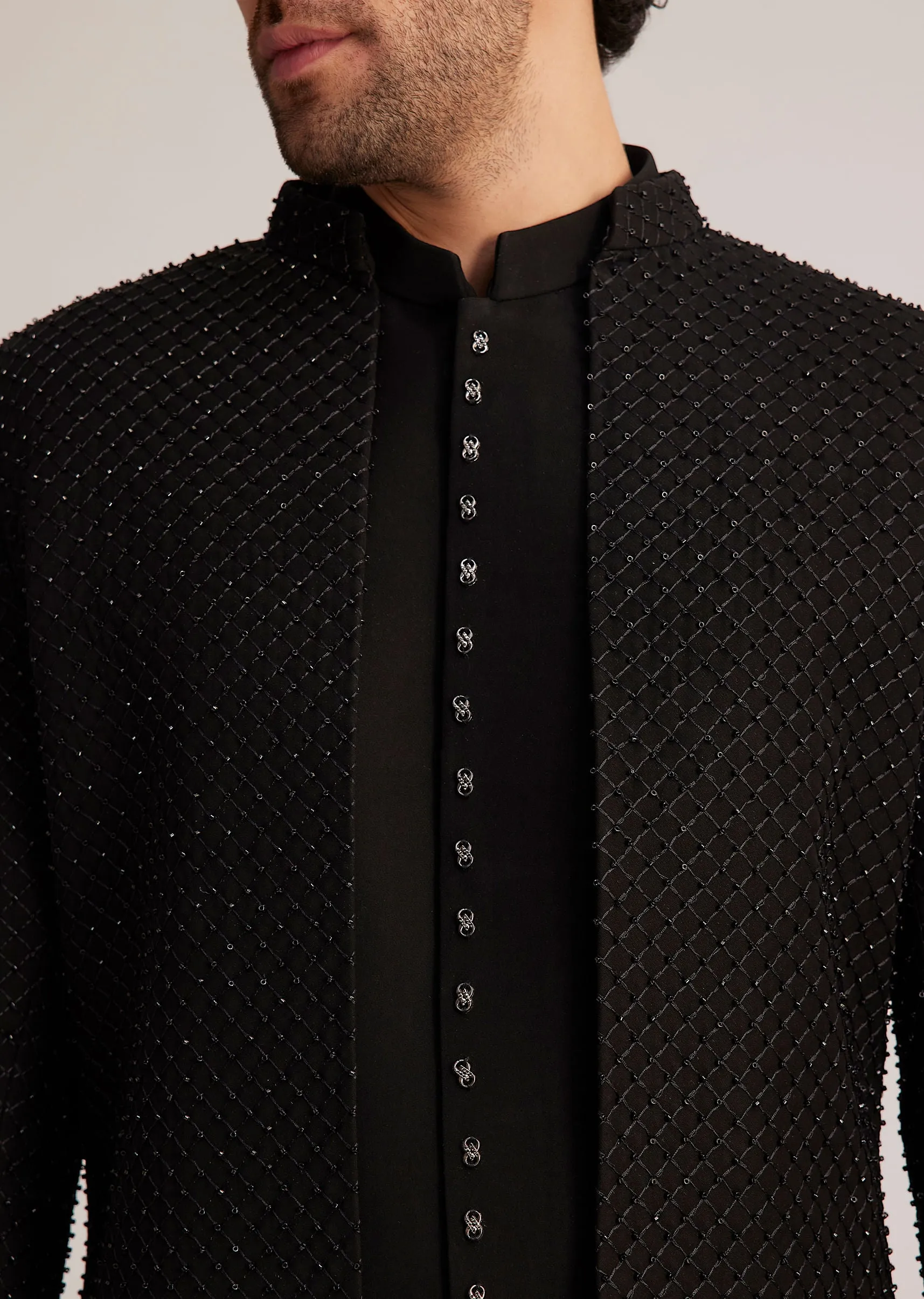 Black Open Jacket Set With Bead Embroidery