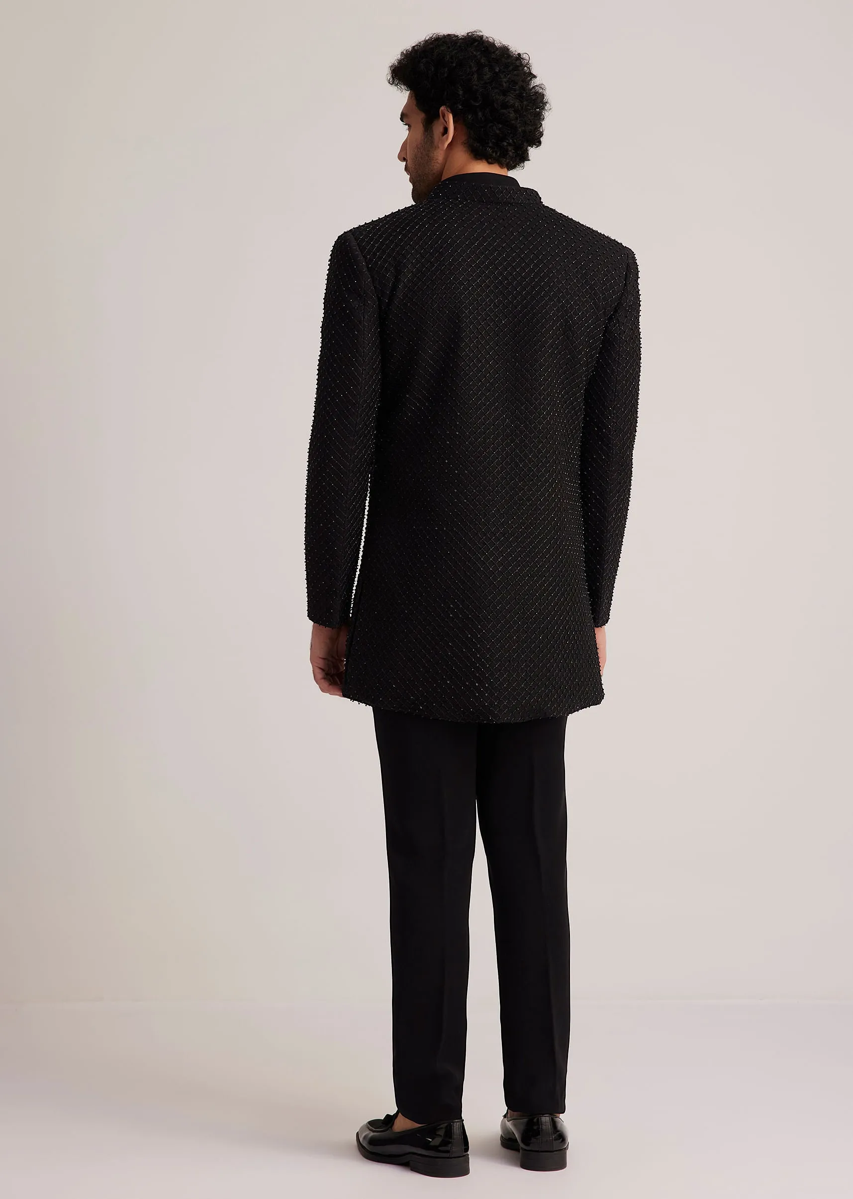 Black Open Jacket Set With Bead Embroidery