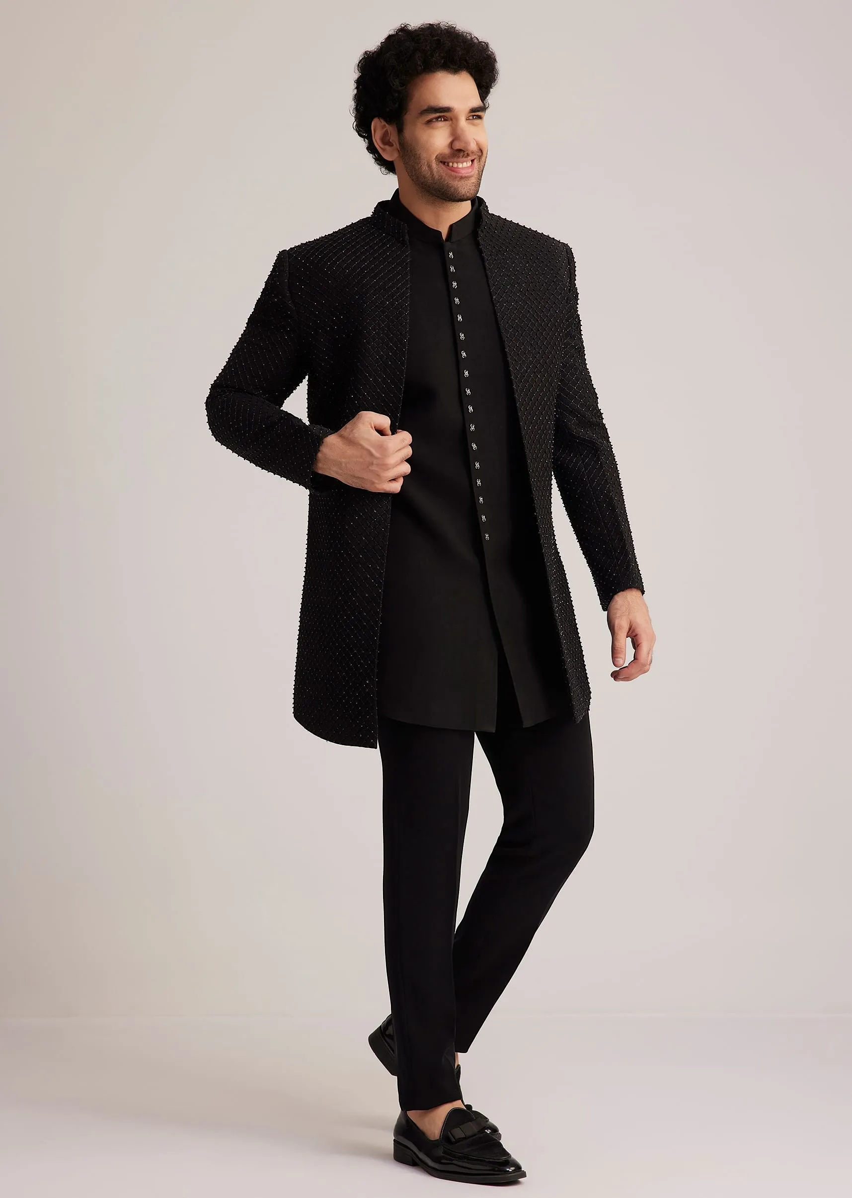 Black Open Jacket Set With Bead Embroidery