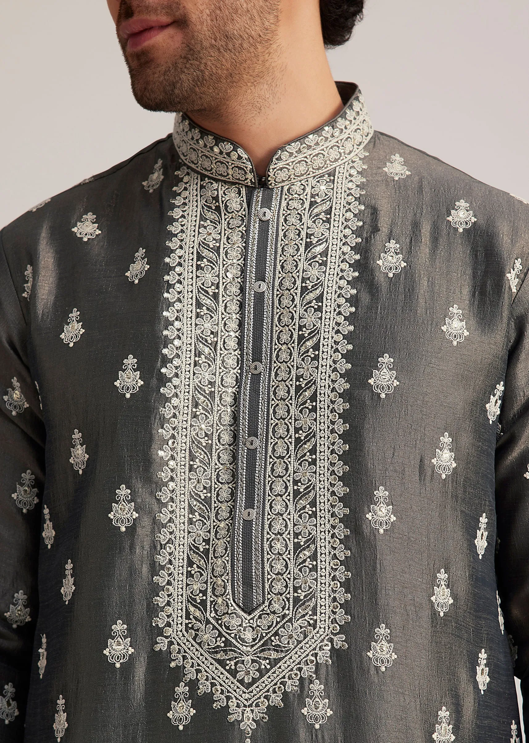Grey Embroidered Silk Kurta Set