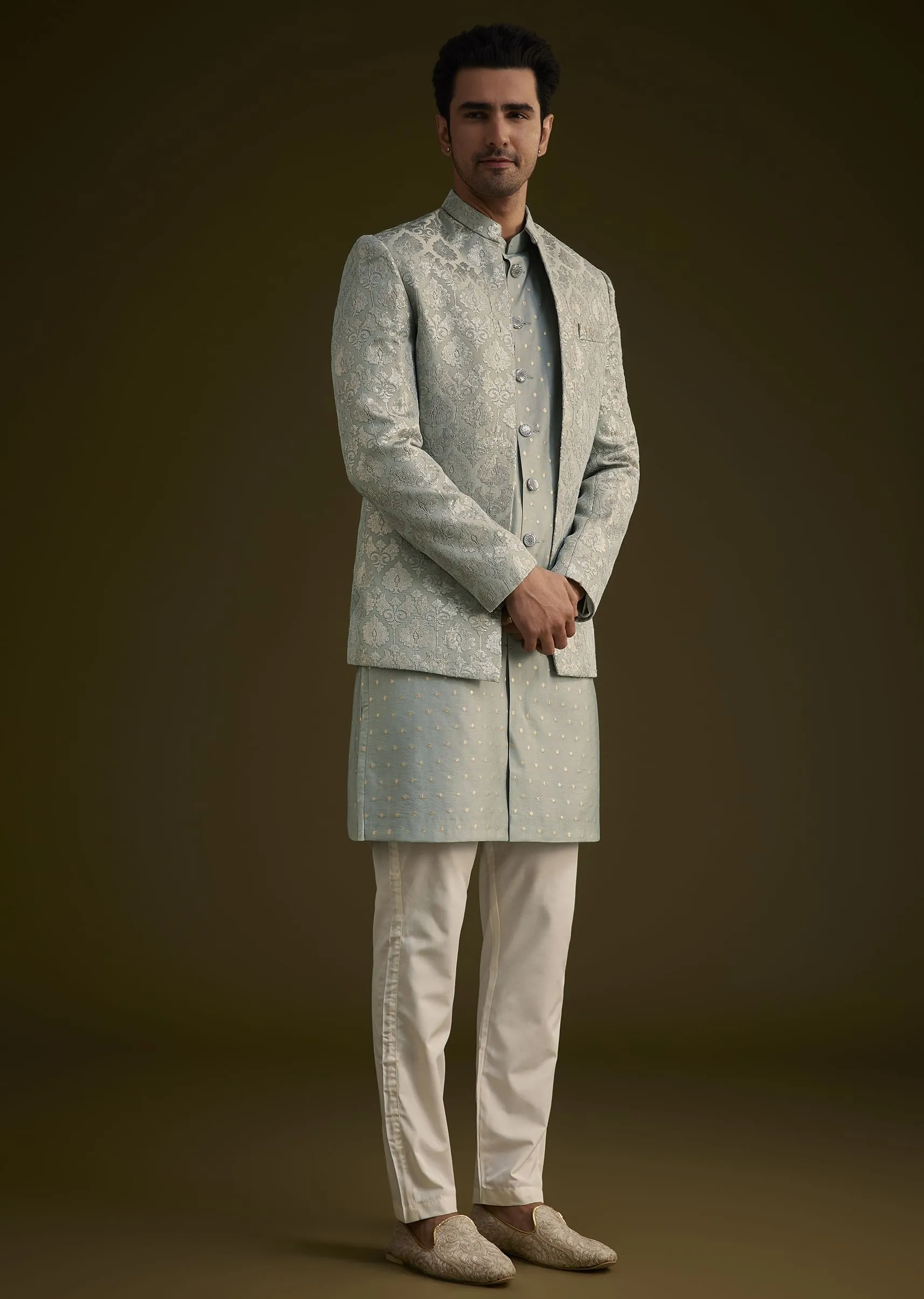 Grey Silk Jodhpuri Suit Featuring Foil Print